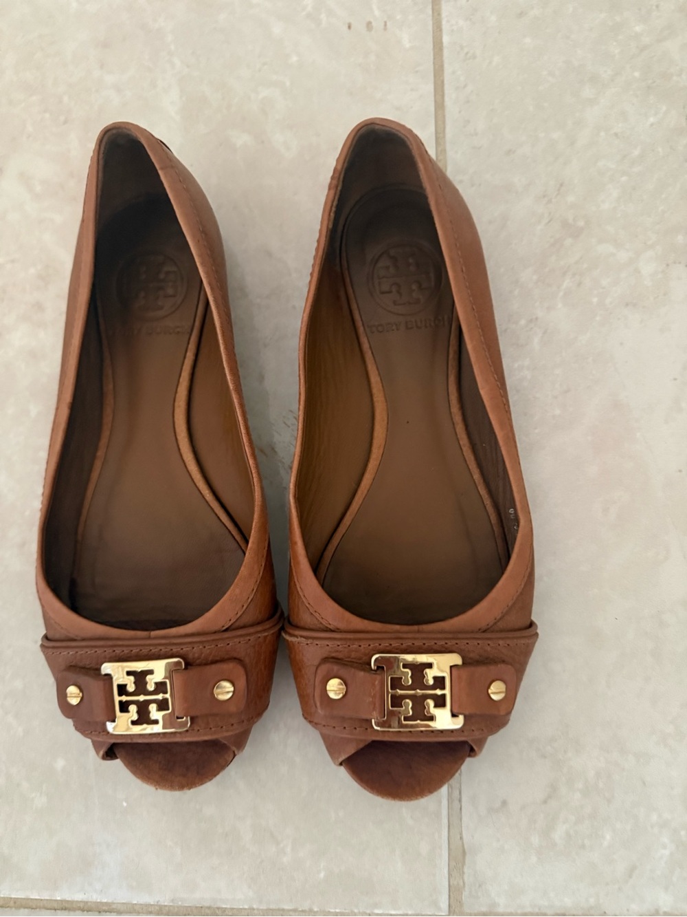 Tory Burch Tan Leather Peep-Toe Flats with Gold Logo Accent